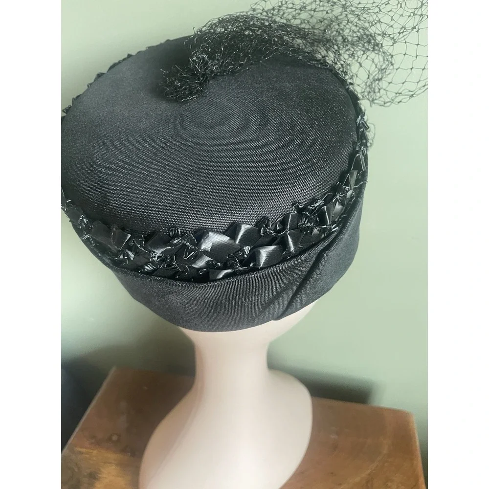 Vintage 1960's Black Pillbox Hat w/ Net Veil Ribbon Trim Union Made Cocktail